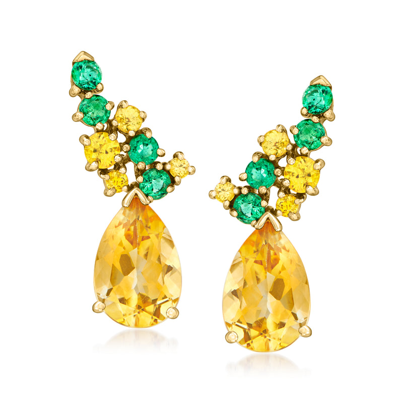 14kt yellow gold drop earrings with green and yellow gemstone clusters and pear-shaped citrine