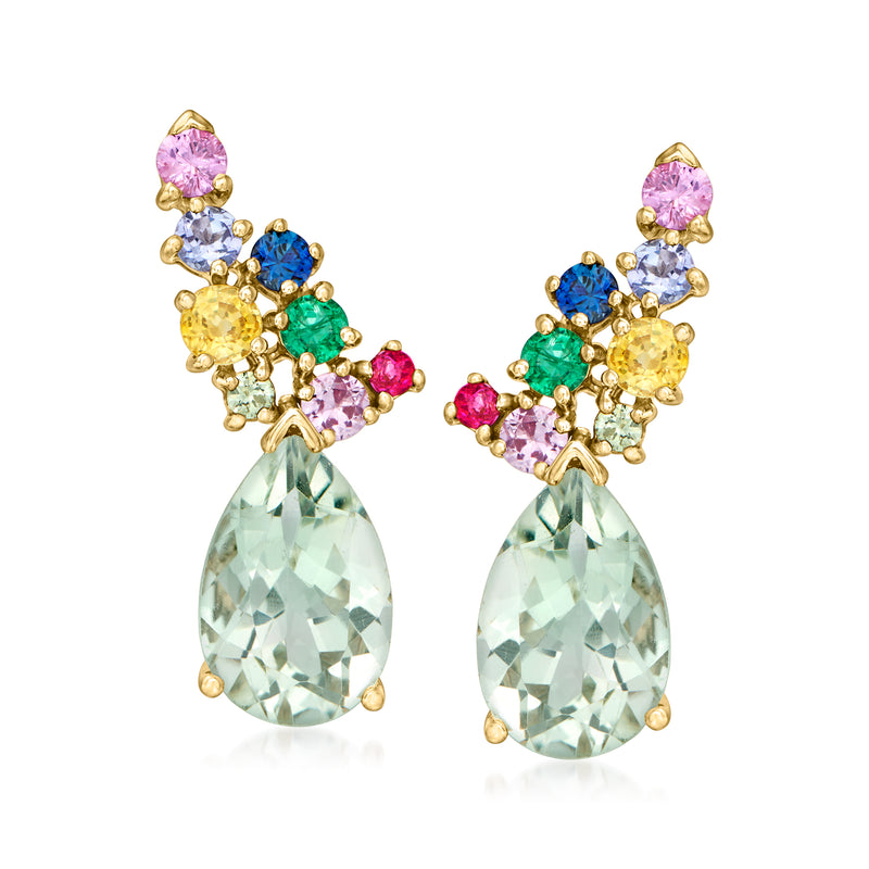 14kt yellow gold multi-gemstone drop earrings, mint green teardrop prasiolite and colorful rounds