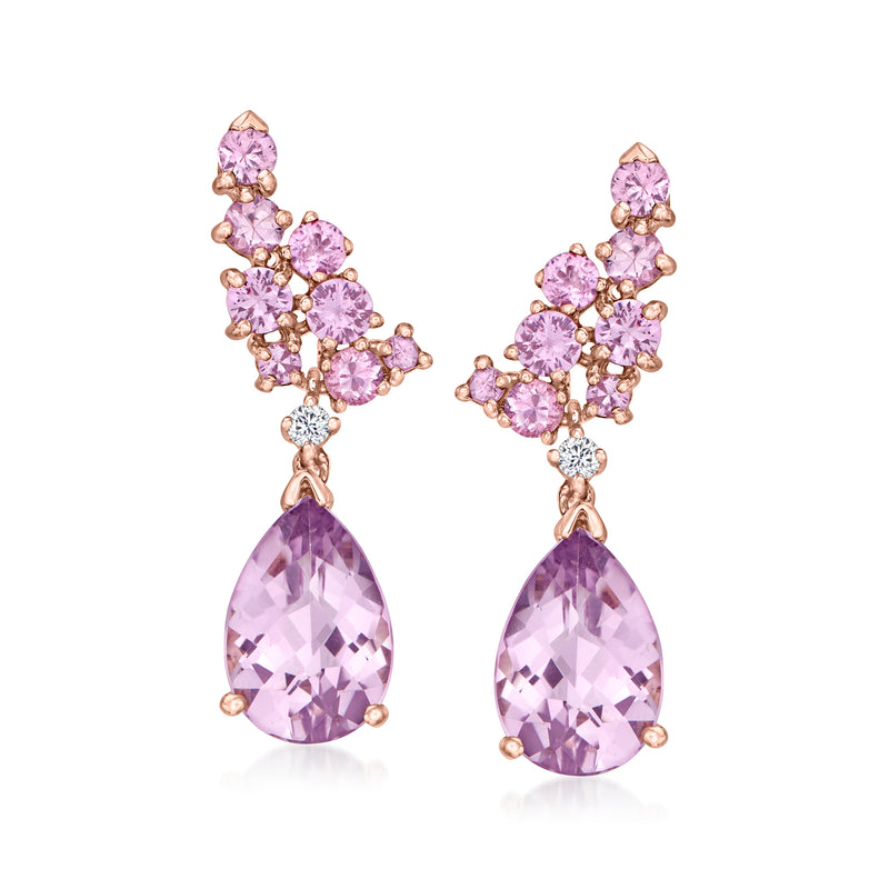 6.00 ct. t.w. Amethyst and 2.00 ct. t.w. Pink Sapphire Drop Earrings with Diamonds in 14kt Rose Gold