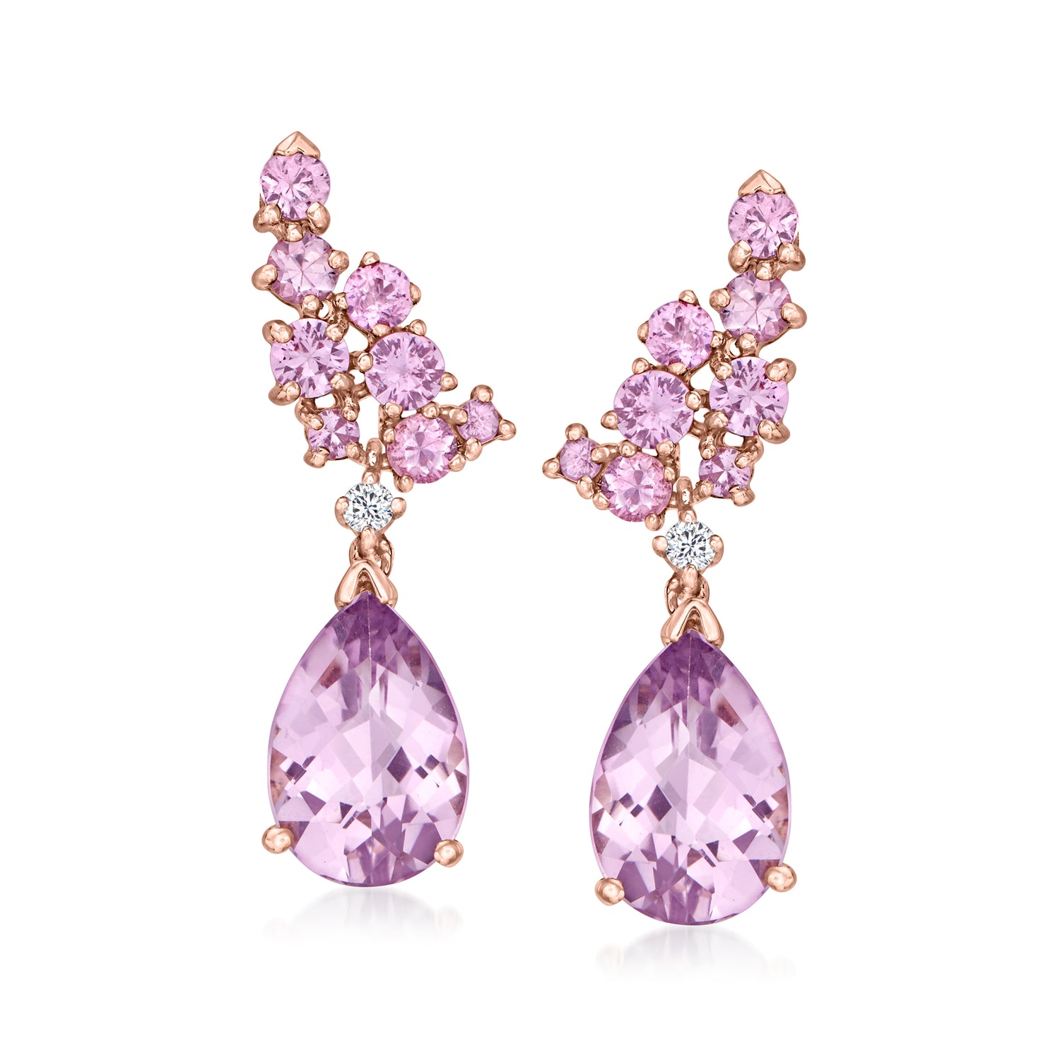 6.00 ct. t.w. Amethyst and 2.00 ct. t.w. Pink Sapphire Drop Earrings with Diamonds in 14kt Rose Gold