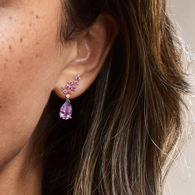 6.00 ct. t.w. Amethyst and 2.00 ct. t.w. Pink Sapphire Drop Earrings with Diamonds in 14kt Rose Gold