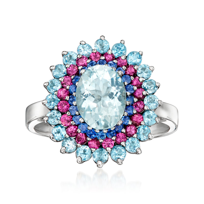 14kt white gold ring with oval light-blue center and pink/blue gemstone halo
