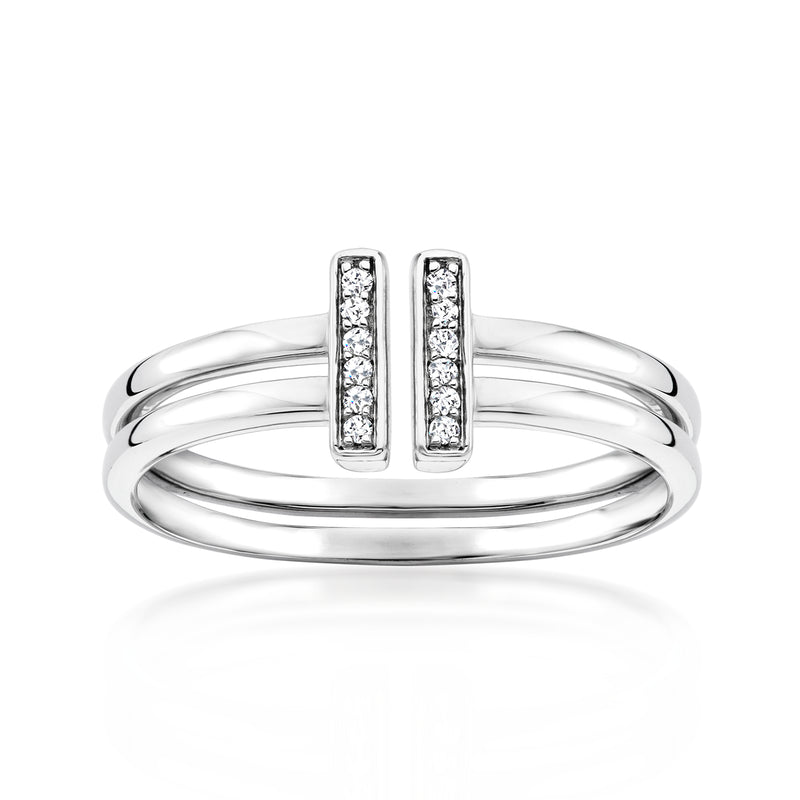 Sterling silver open-space bar ring with two vertical diamond accents