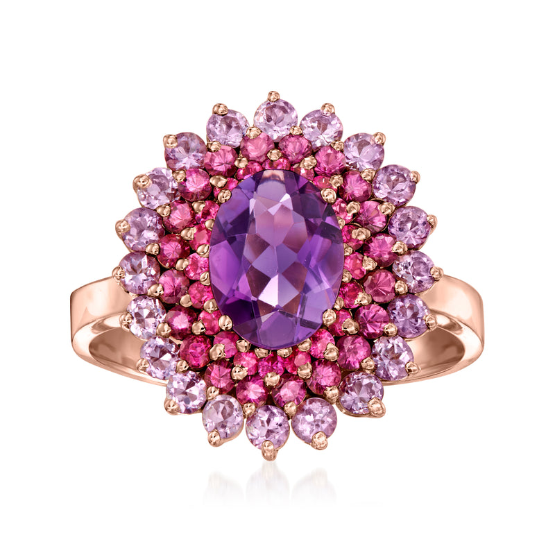 Rose gold ring with oval amethyst center and pink and purple gemstone halo