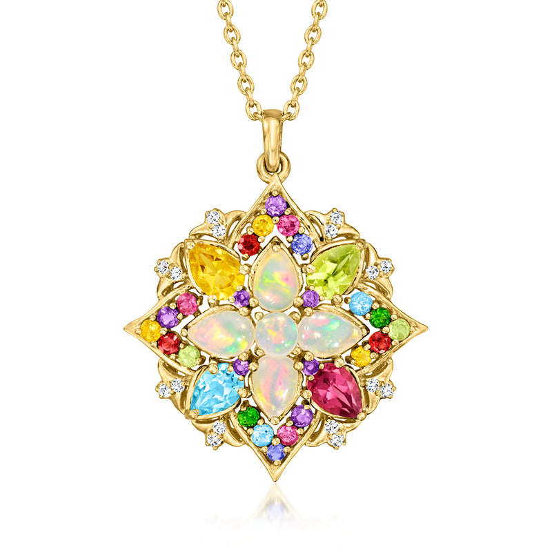 Gold-tone multi-gemstone pendant necklace with oval opal center and round colored stones