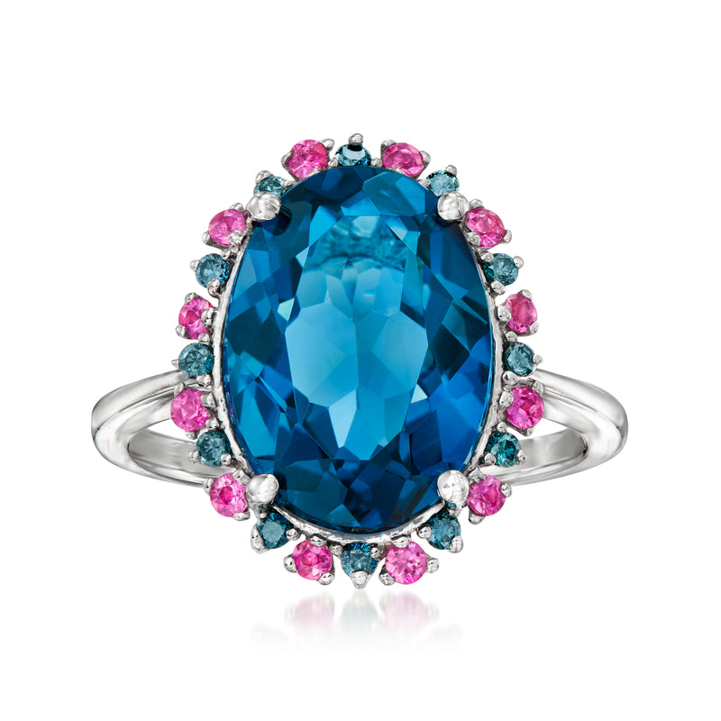Oval London blue topaz ring with pink sapphire halo and diamond accents, 14k white gold