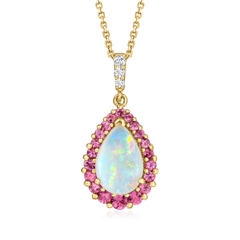 14kt yellow gold pendant necklace with pear opal drop, pink sapphire halo and diamonds