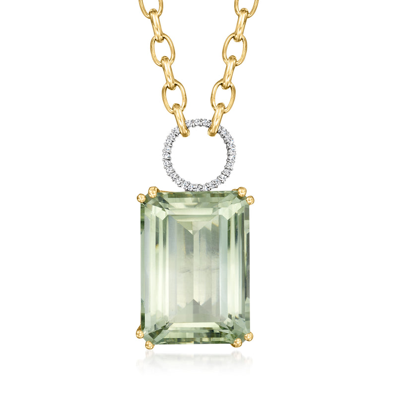 14kt two-tone gold prasiolite pendant with rectangular green stone and diamond halo