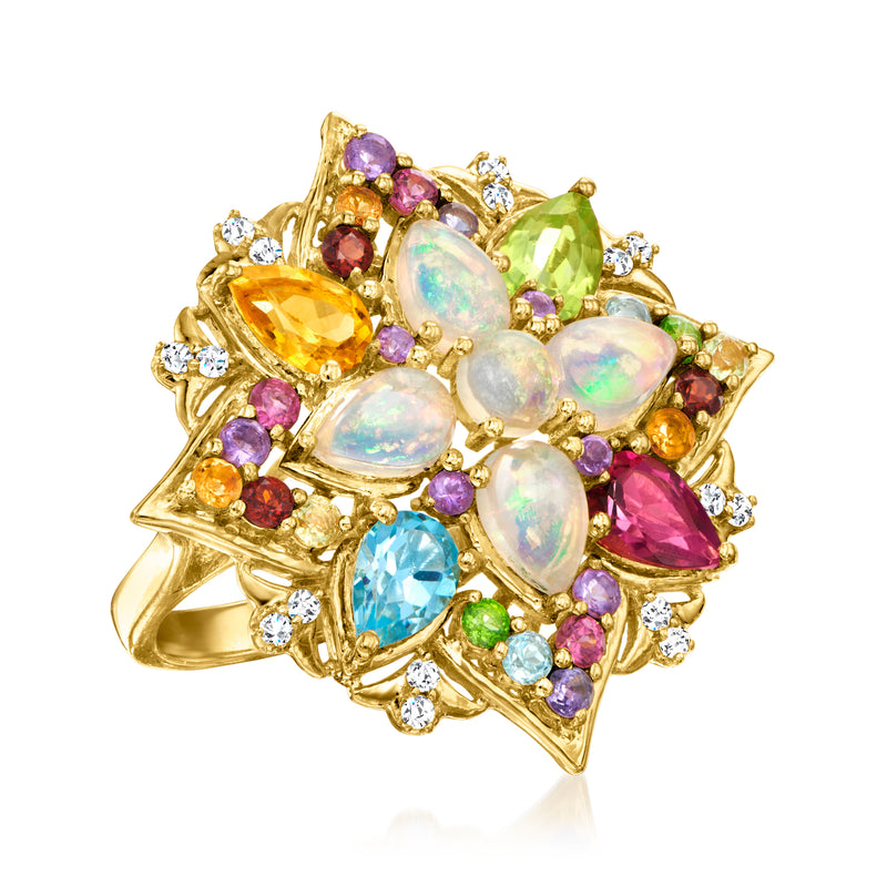 Multi-gemstone cocktail ring with opal-like center, purple, green, blue, and yellow gems