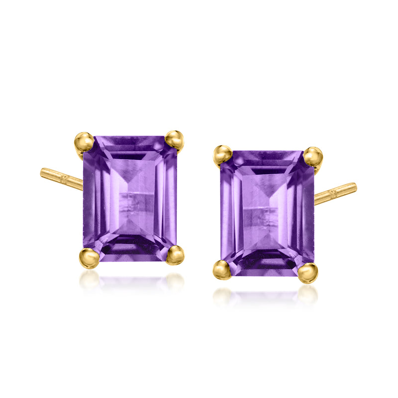 Amethyst stud earrings with emerald-cut purple stones and gold-toned posts