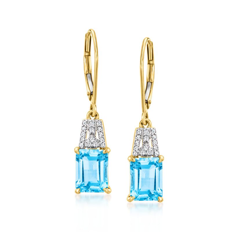 18kt yellow gold leverback drop earrings with blue topaz and diamond accents