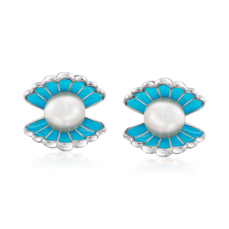Sterling silver seashell earrings with blue enamel and cultured pearl centers