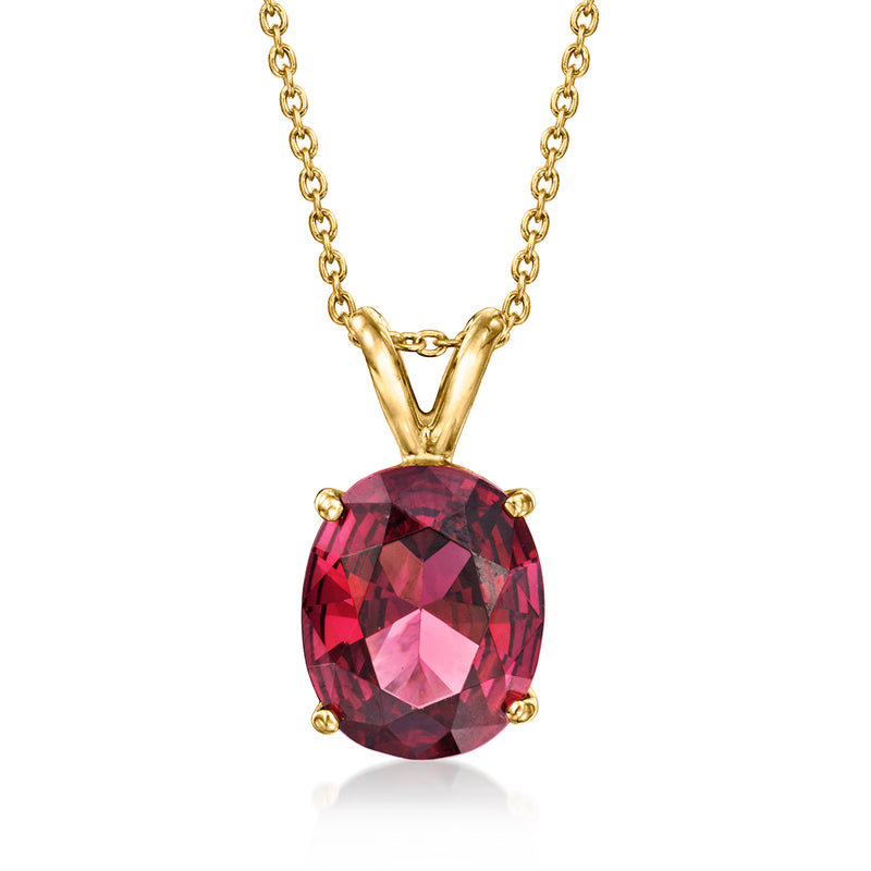 18kt yellow gold rhodolite garnet pendant necklace, oval faceted red gem in 4 prongs