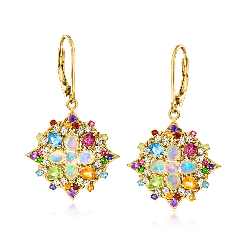 Multi-gemstone drop earrings in gold with colorful gemstone cluster and opal-like center
