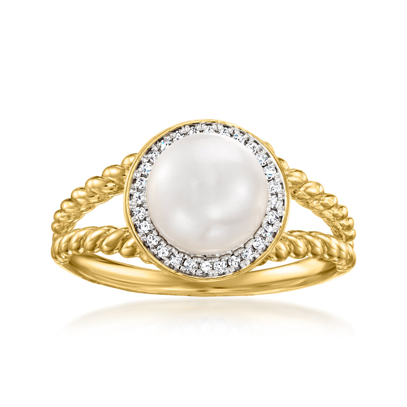 18kt gold over sterling ring with round white cultured pearl and diamond halo