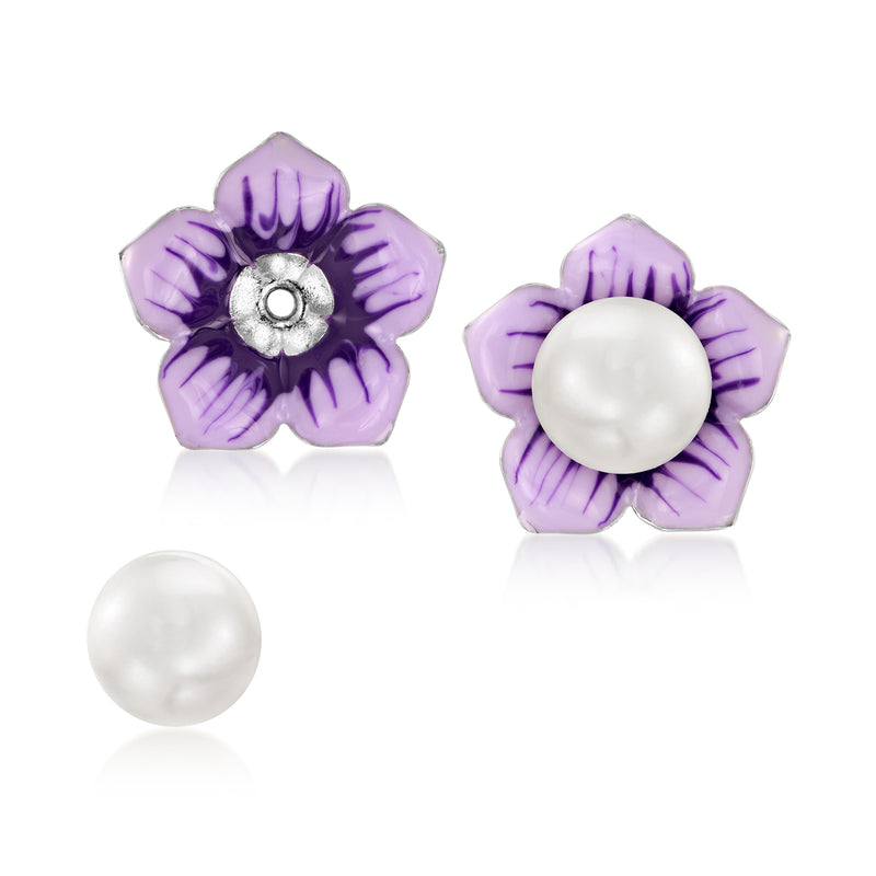 Sterling silver stud earrings with white cultured pearl and purple enamel flower jacket