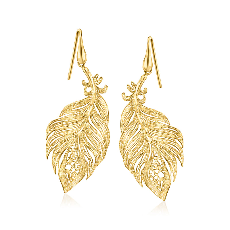 Gold over sterling filigree feather drop earrings with earwire hooks