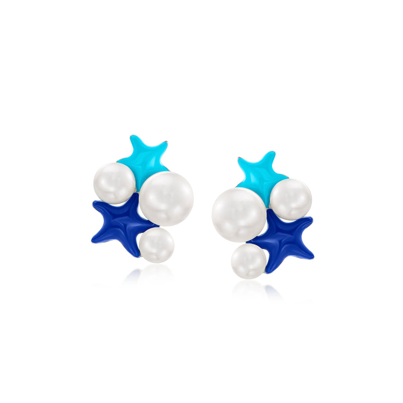 Blue enamel starfish earrings with cultured pearls and sterling silver posts