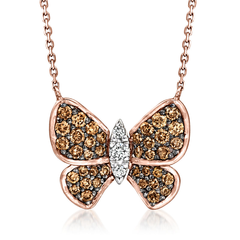 Rose gold diamond butterfly necklace with brown and white stones, open wings