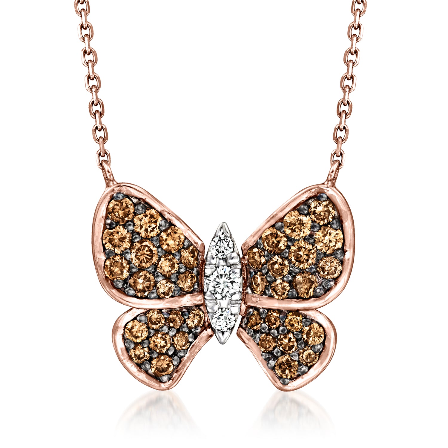 1.00 ct. t.w. Brown and White Diamond Butterfly Necklace in 14kt Rose Gold