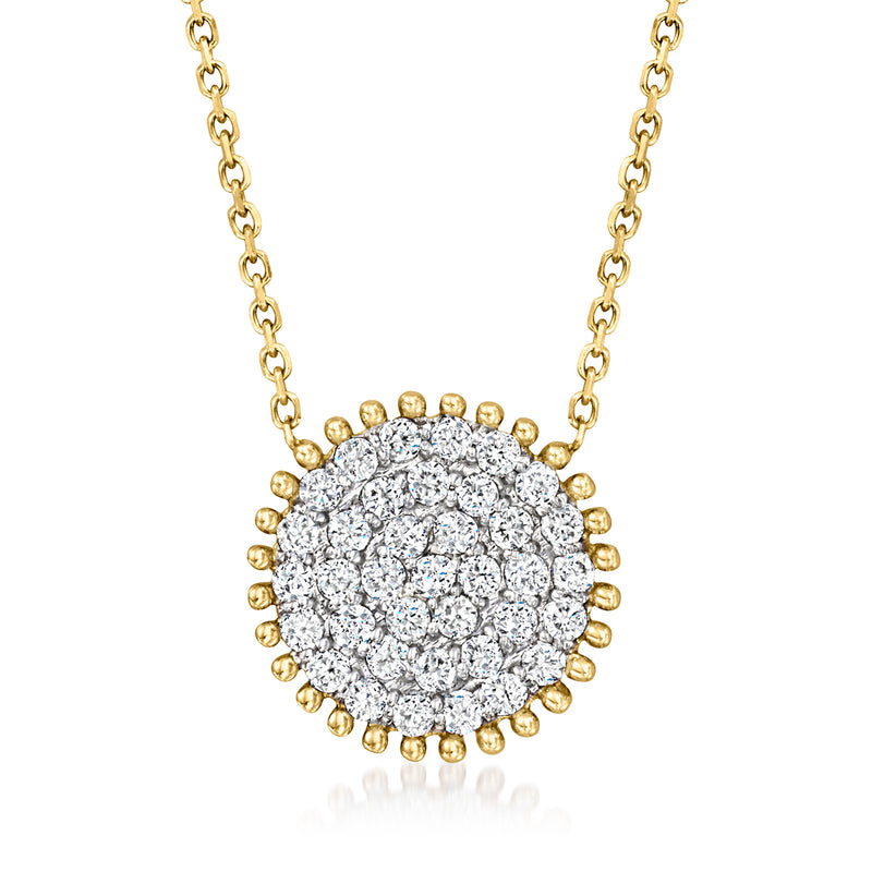 14kt yellow gold diamond disc pendant necklace with round pave setting and link chain