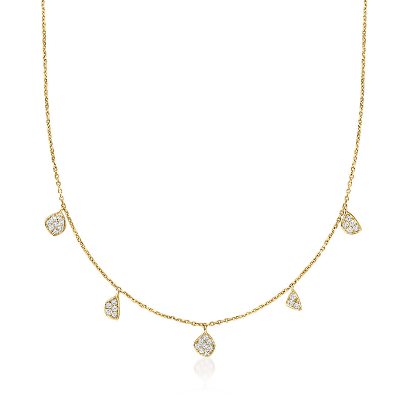 14kt yellow gold diamond drop station necklace with five round-cut diamond stations