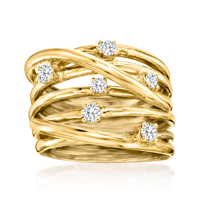 14kt yellow gold diamond highway ring, interwoven band with five round diamonds