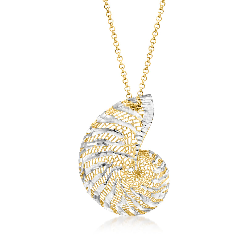 Seashell pendant necklace with gold-tone overlay and silver striped swirl pattern