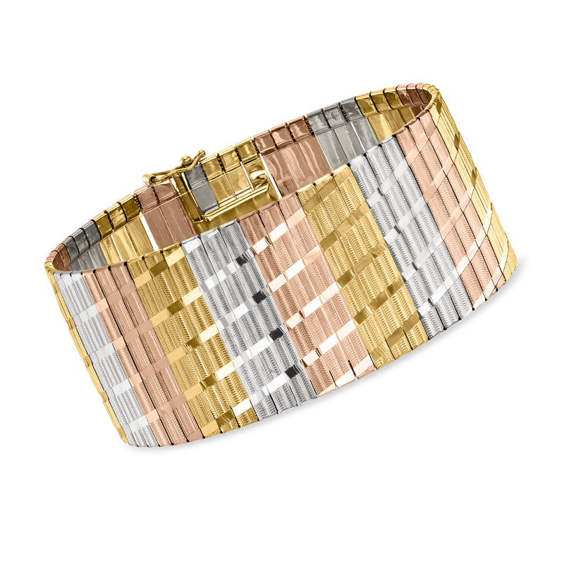 Vintage wide tri-colored gold bracelet with rectangular link pattern and hinge clasp