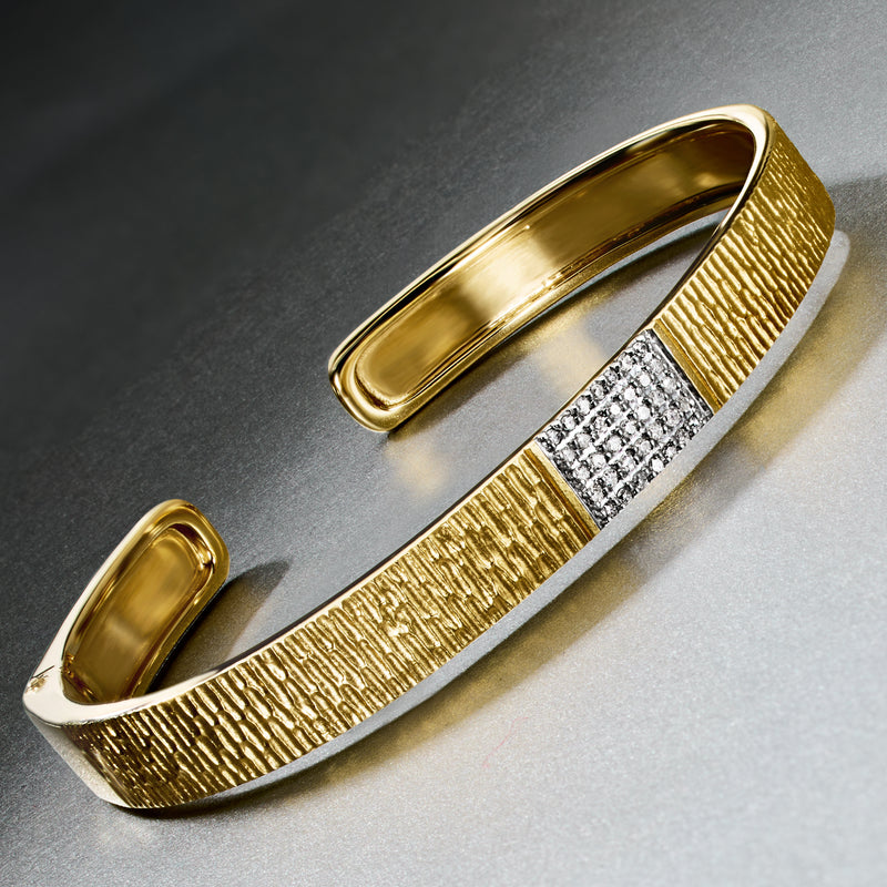 Gold over sterling diamond cuff bracelet with textured finish and pave center