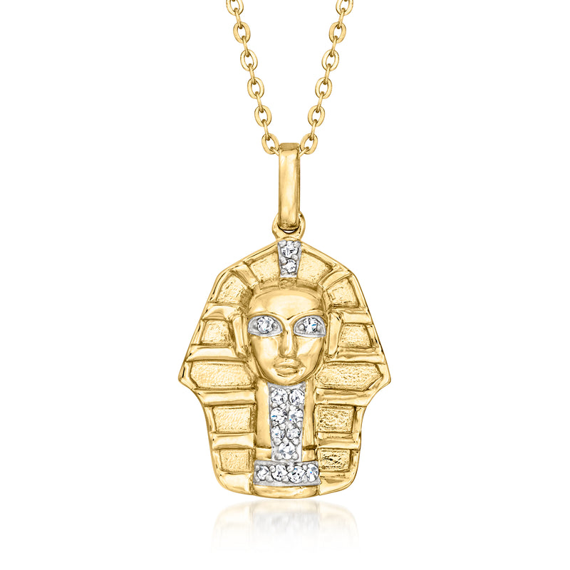 Gold-tone pharaoh face pendant necklace with small clear stone accents on chain