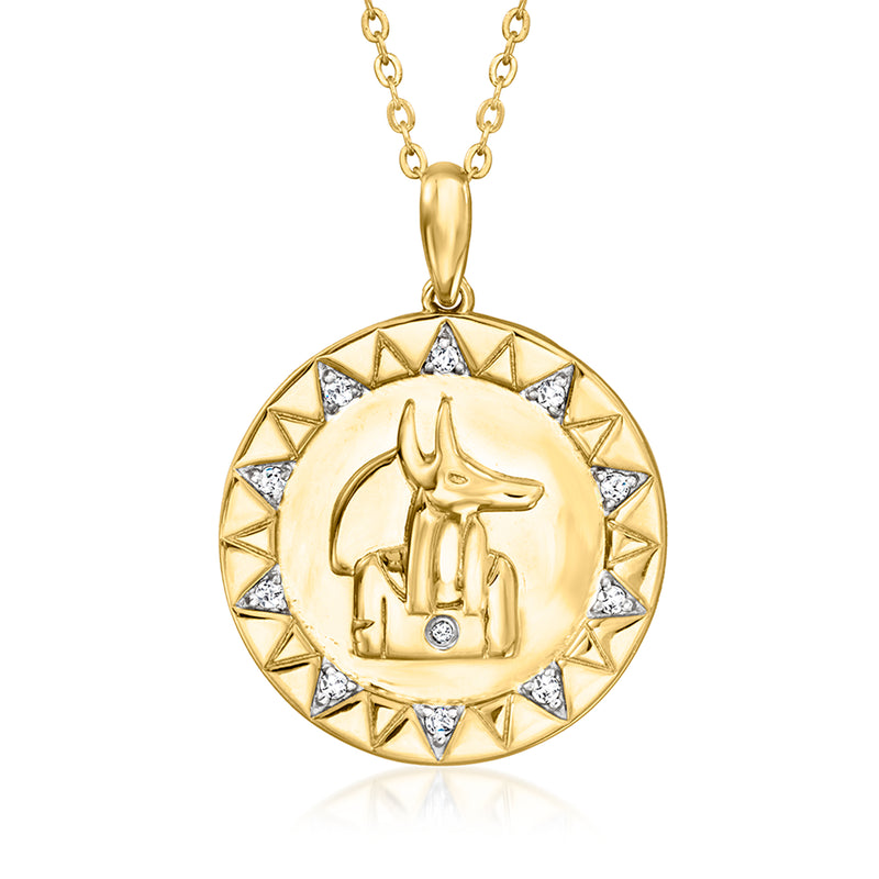 Gold medallion pendant necklace with Anubis head, diamond-like stones around edge