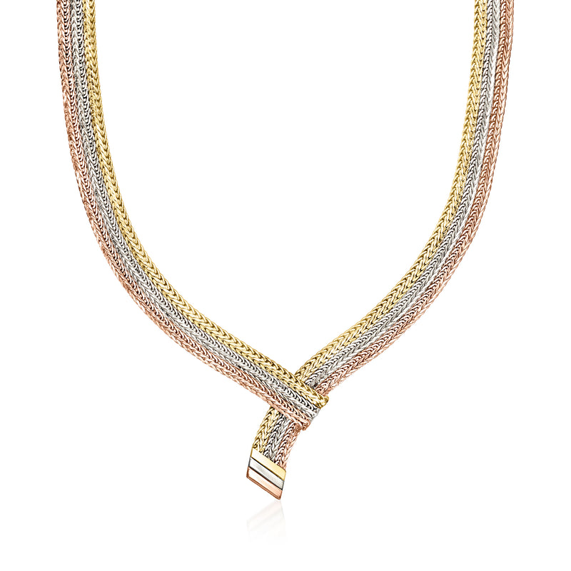 Tri-colored gold chain necklace with braided links and rectangular clasp detail