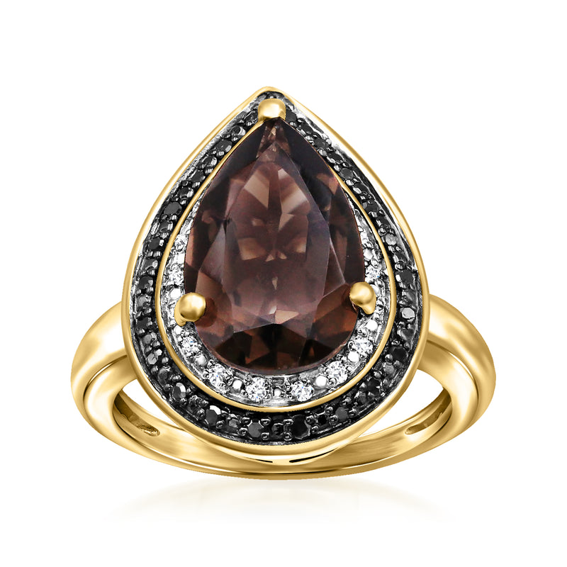 Smoky quartz pear-cut ring with black and white diamond halo, gold-tone band.