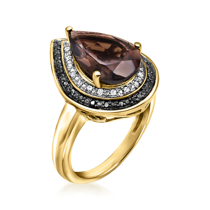 Smoky quartz pear-cut ring with black and white diamond halo, gold-tone prongs and band.