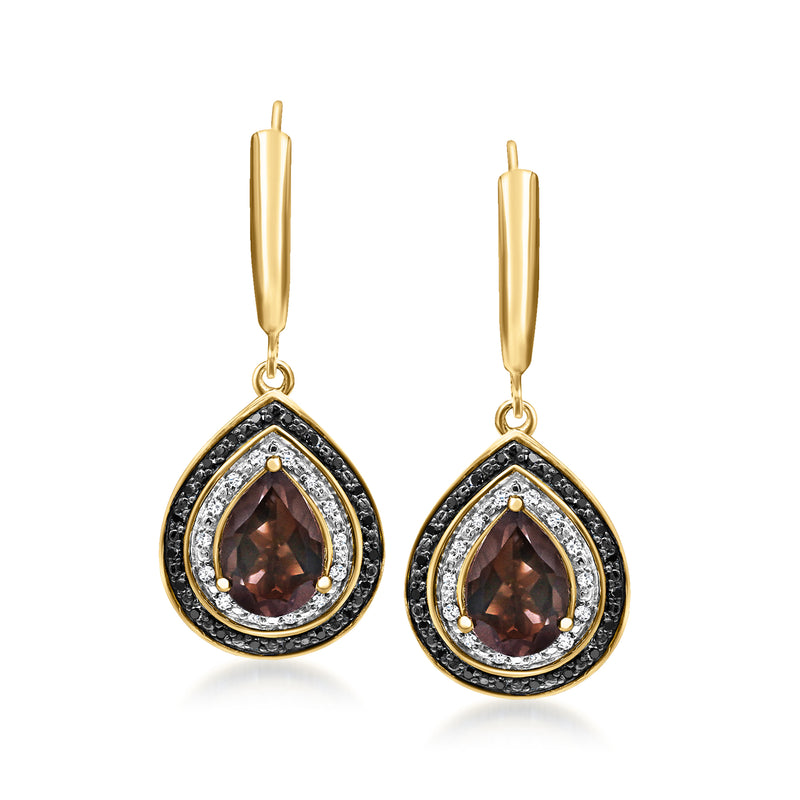 Gold drop earrings with smoky quartz teardrop, black diamond rim, and white diamond halos
