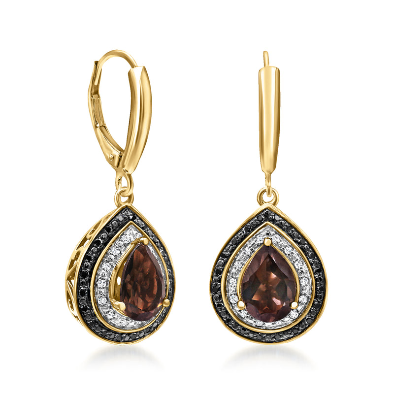 Gold leverback drop earrings with smoky quartz teardrop, black rim, and white diamond halos