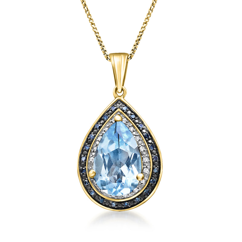 Gold pendant necklace with sky-blue teardrop gemstone and diamond-accent halo