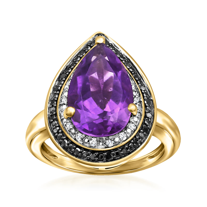 Amethyst pear-cut ring with black diamond halo and white accents in gold setting