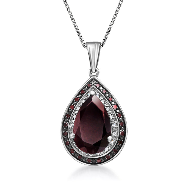 Sterling silver teardrop garnet pendant with red and white diamond halo on chain