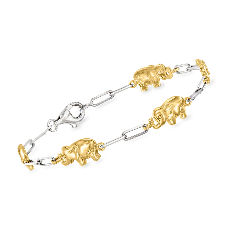 Gold-tone and silver-tone elephant charm link bracelet with clasp and chain links