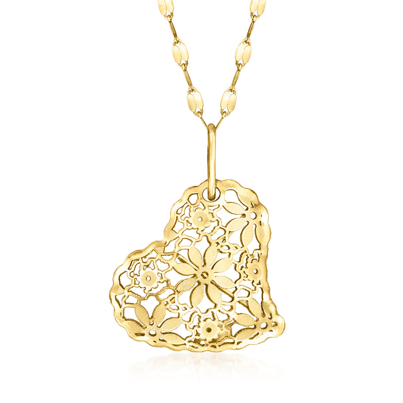 14kt yellow gold floral lace heart pendant necklace