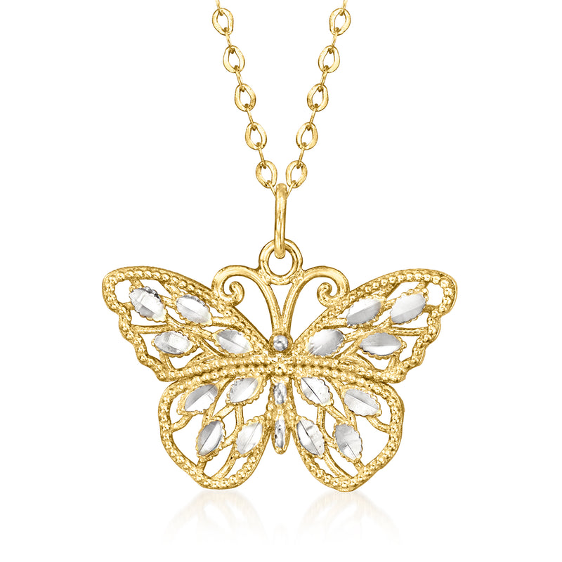 14kt two-tone gold butterfly necklace with white gemstone wing details