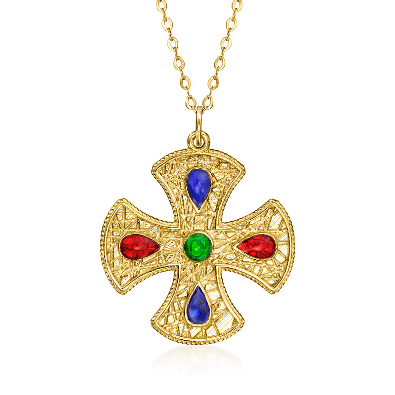 14kt yellow gold cross pendant necklace with multicolored enamel gemstones