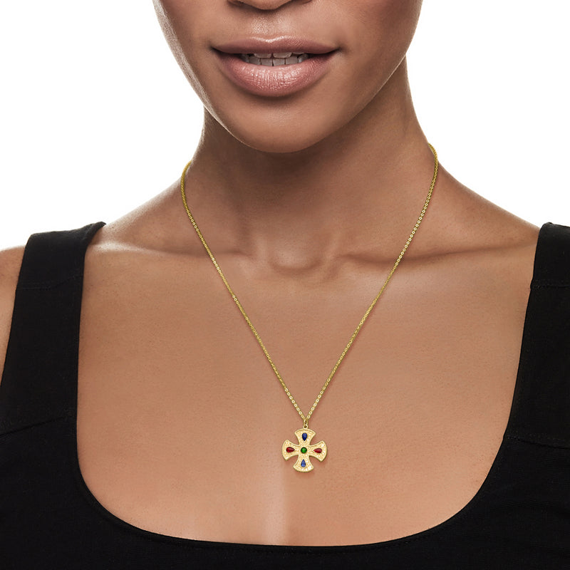 Yellow gold cross necklace with multicolored enamel pendant on fine chain