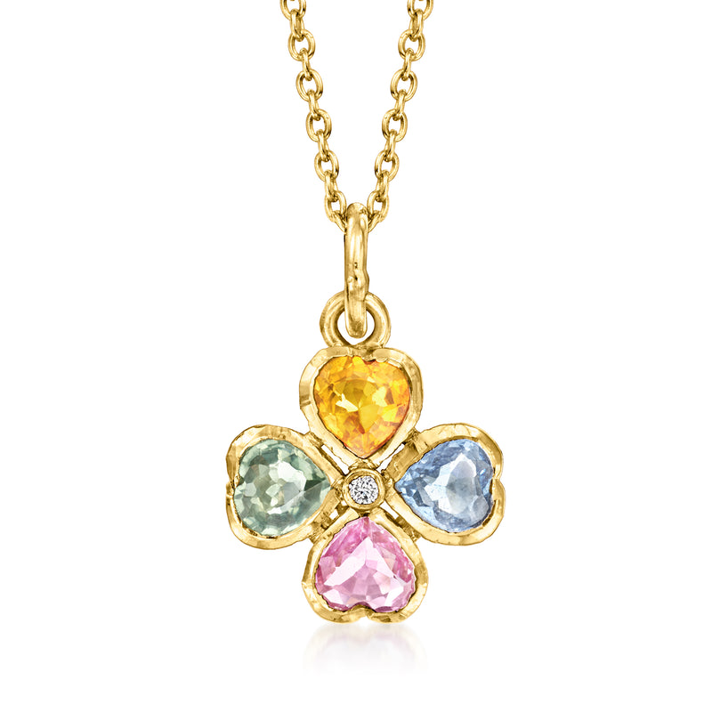 18kt yellow gold flower pendant necklace with multicolored sapphire petals and diamond center