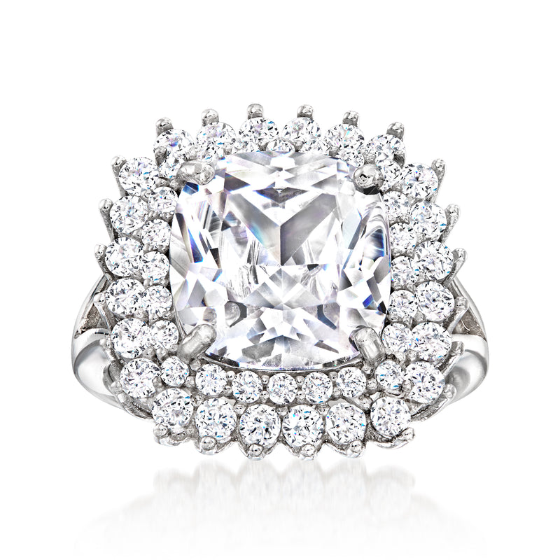 Sterling silver square CZ halo ring with clear round stones on split band