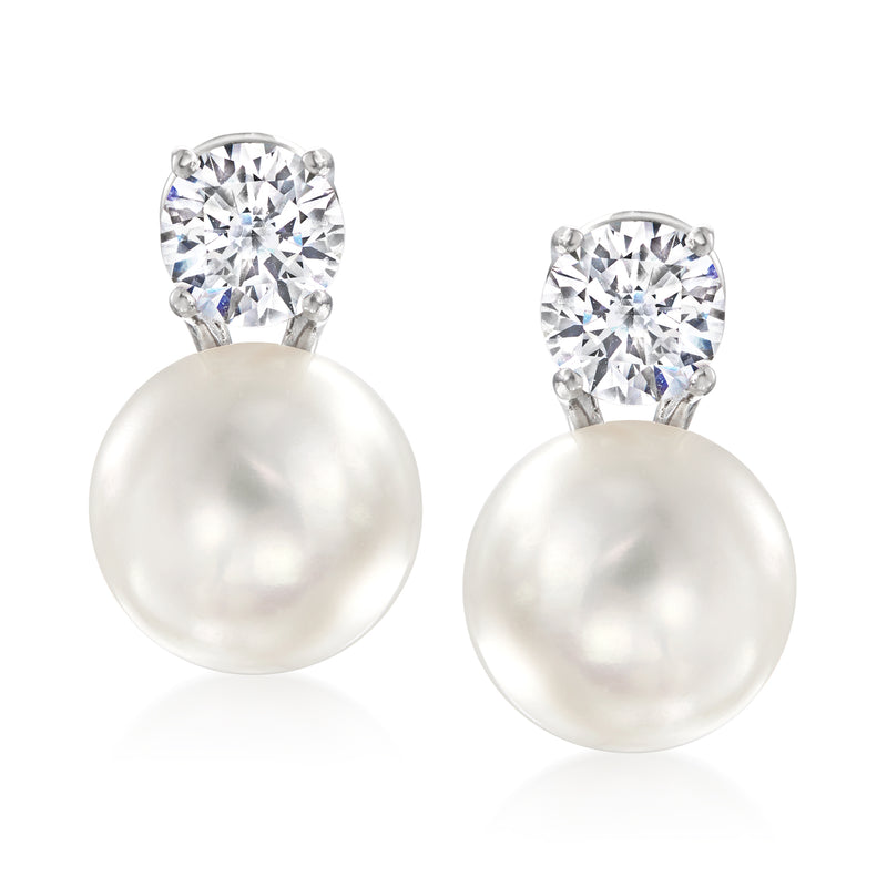 Sterling silver drop earrings with round white pearl and clear CZ top