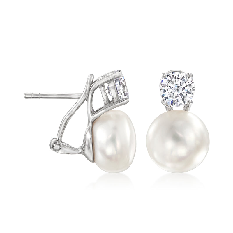 Sterling silver stud-and-drop earrings with white pearl and square CZ setting