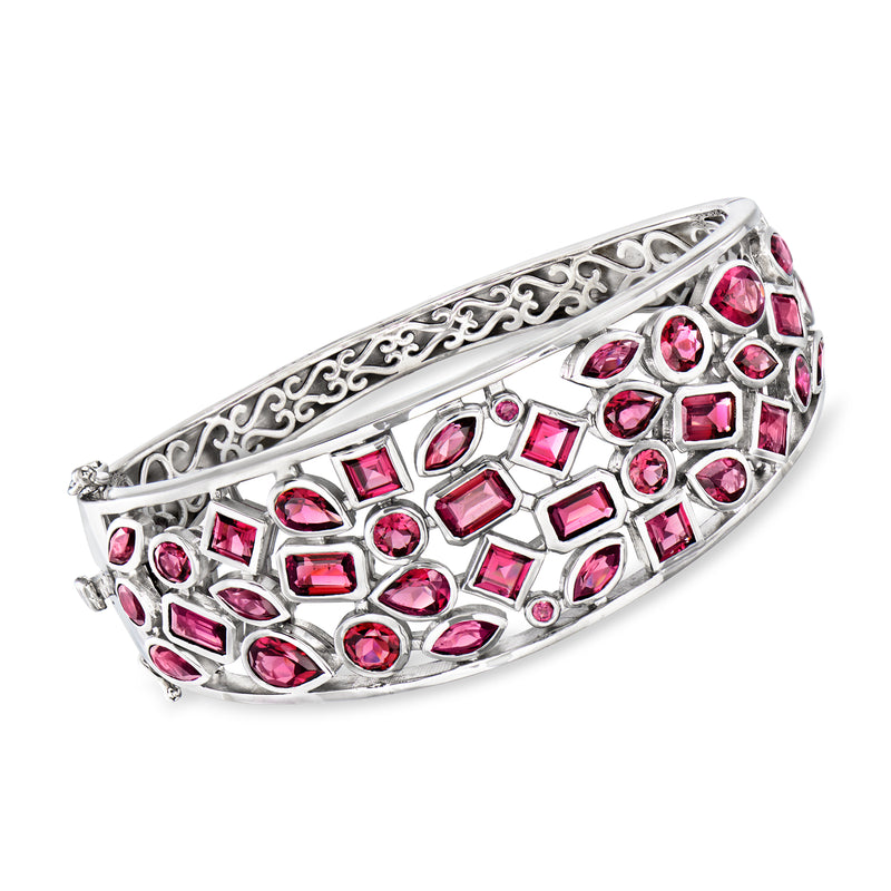 Rhodolite garnet bangle bracelet in sterling silver with pink oval, round and square stones
